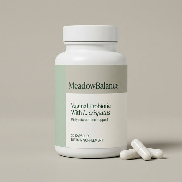 MeadowBalance vaginal probiotic bottle with capsules
