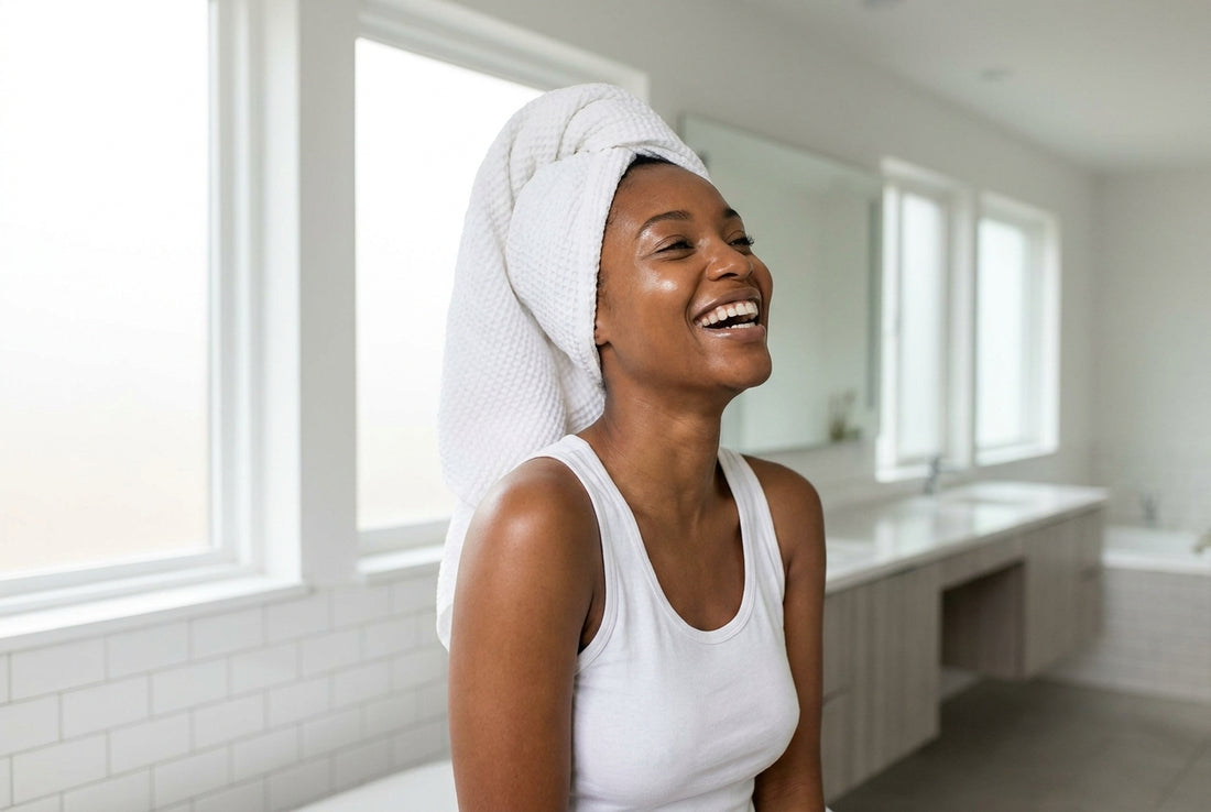 A woman feeling calm and relieved at home