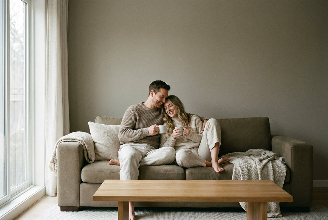 A relaxed couple sitting close together at home