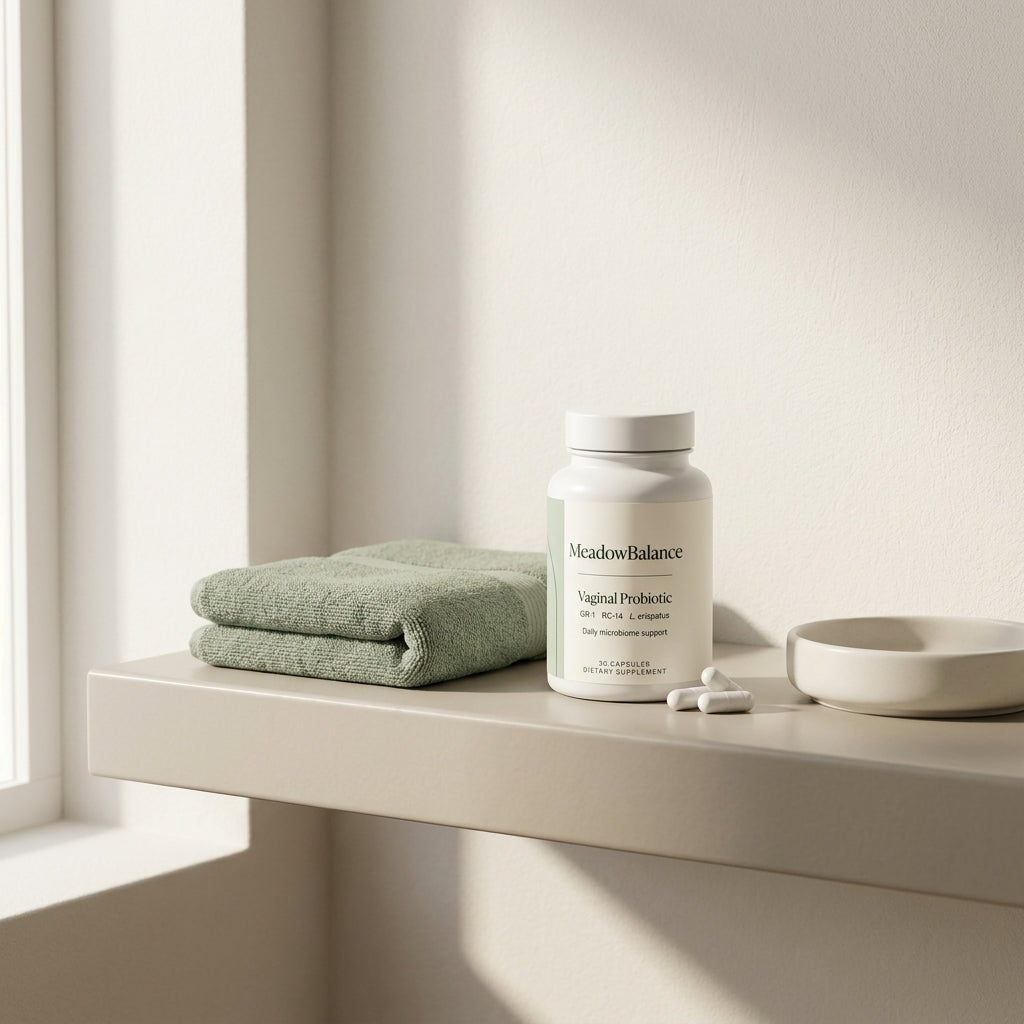 MeadowBalance vaginal probiotic on a clean bathroom shelf