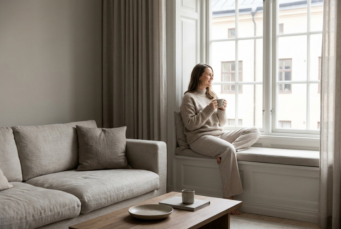 A woman relaxed with a warm mug by a sunny window