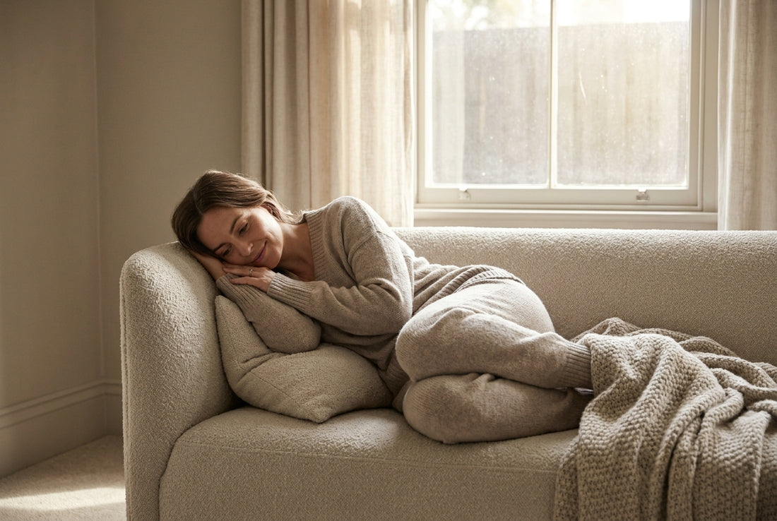 A woman relaxing at ease on her couch at home