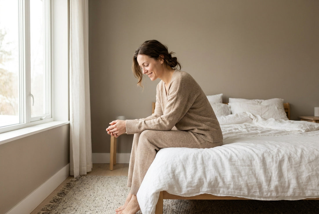A woman feeling calm and relieved at home