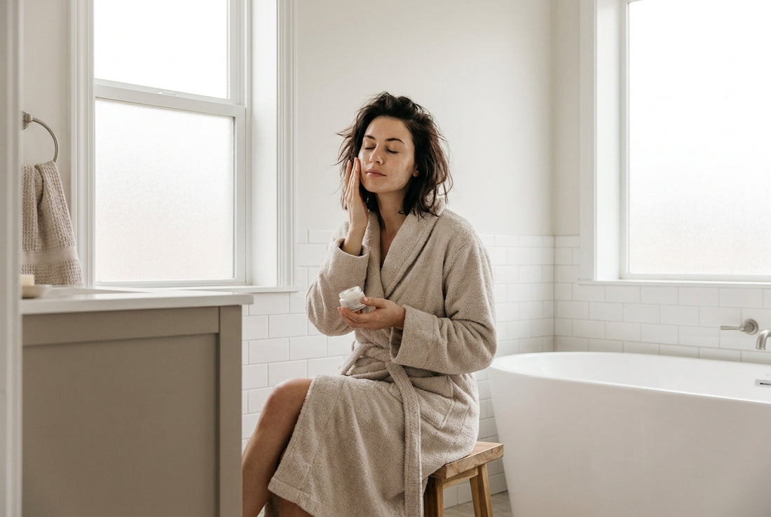 A woman having a calm self-care moment in a clean bathroom