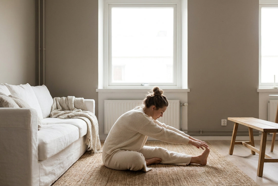 A woman doing a calm, balanced stretch at home