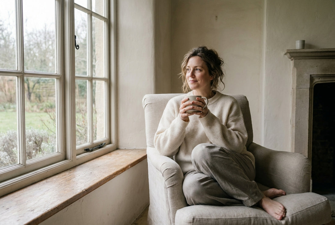 A woman sitting calmly with tea, looking thoughtful