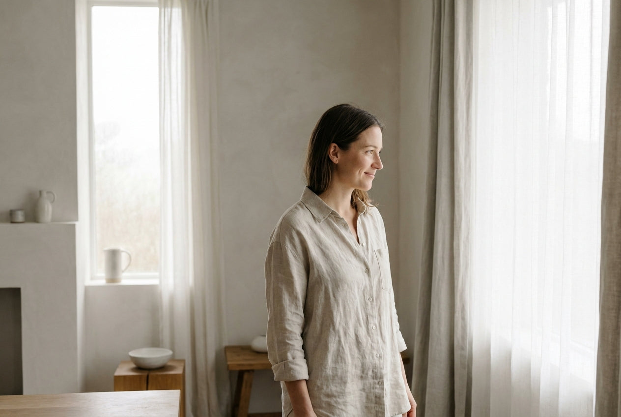 A calm, relaxed woman standing by a bright window