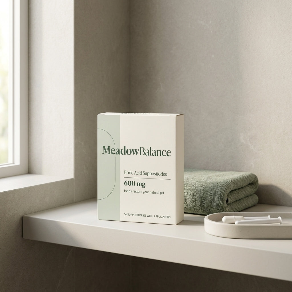 MeadowBalance boric acid suppositories on a shelf, a pH-D alternative