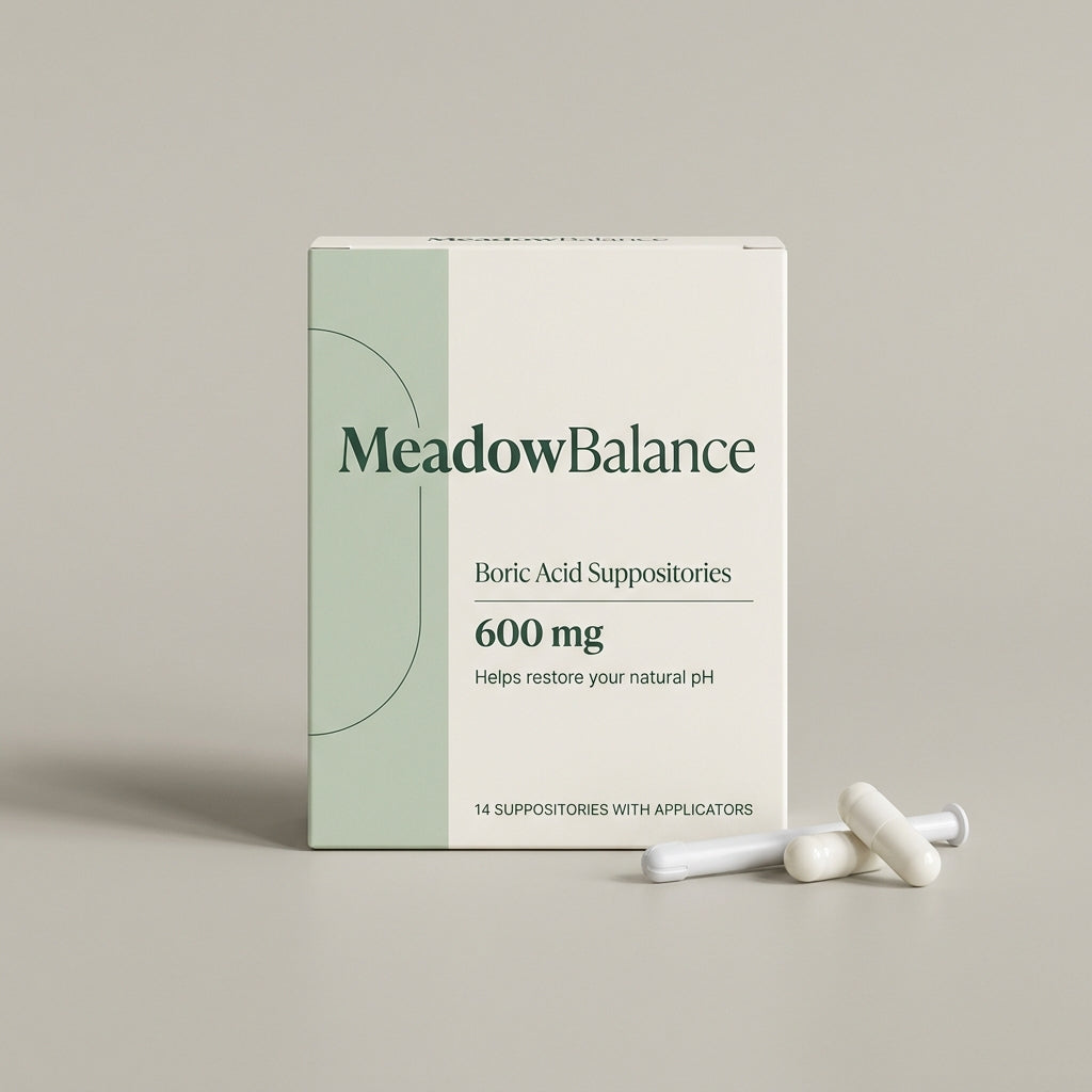 MeadowBalance boric acid suppositories 600mg box with capsules and applicator