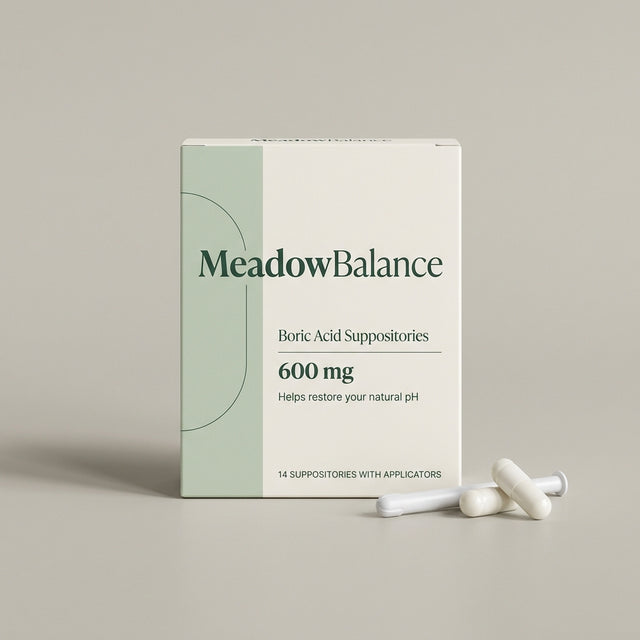 MeadowBalance boric acid suppositories 600mg box with capsules and applicator