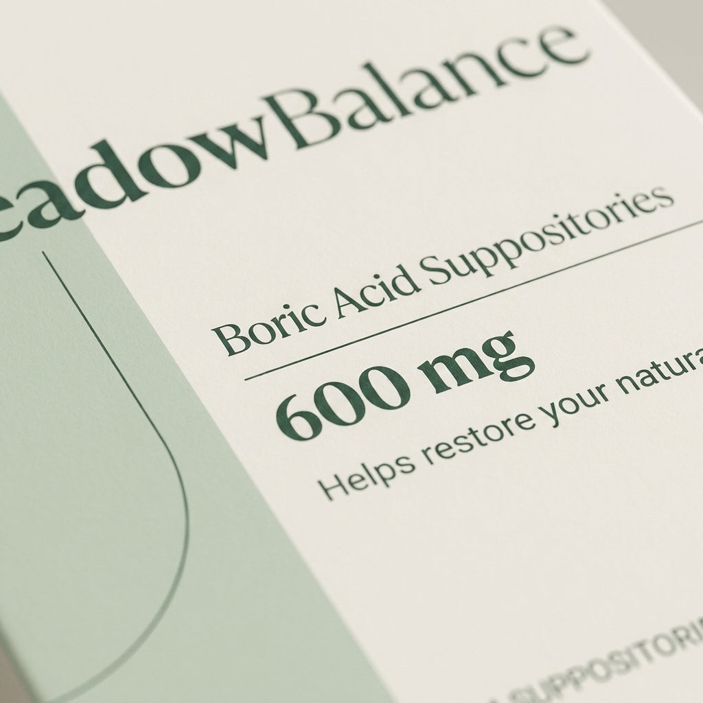 MeadowBalance boric acid suppositories 600mg label close-up