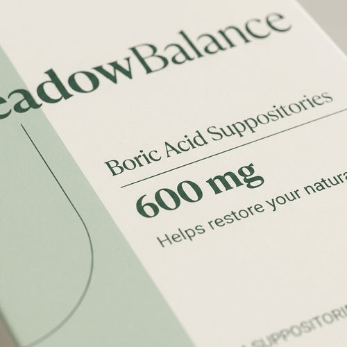 MeadowBalance boric acid suppositories 600mg label close-up