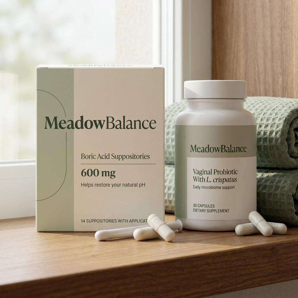 MeadowBalance Balance Kit on a clean bathroom shelf