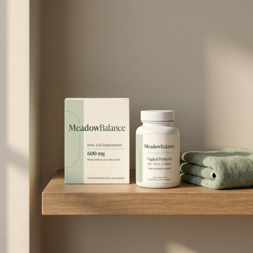 MeadowBalance Balance Kit on a clean bathroom shelf
