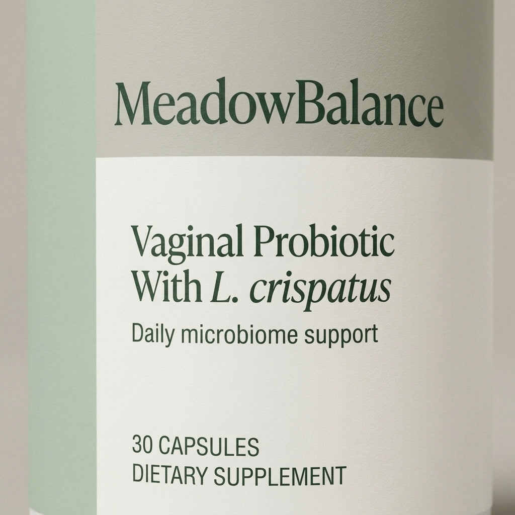 MeadowBalance vaginal probiotic label showing L. crispatus and researched Lactobacillus strains