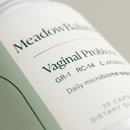 MeadowBalance vaginal probiotic label showing GR-1, RC-14 and L. crispatus strains