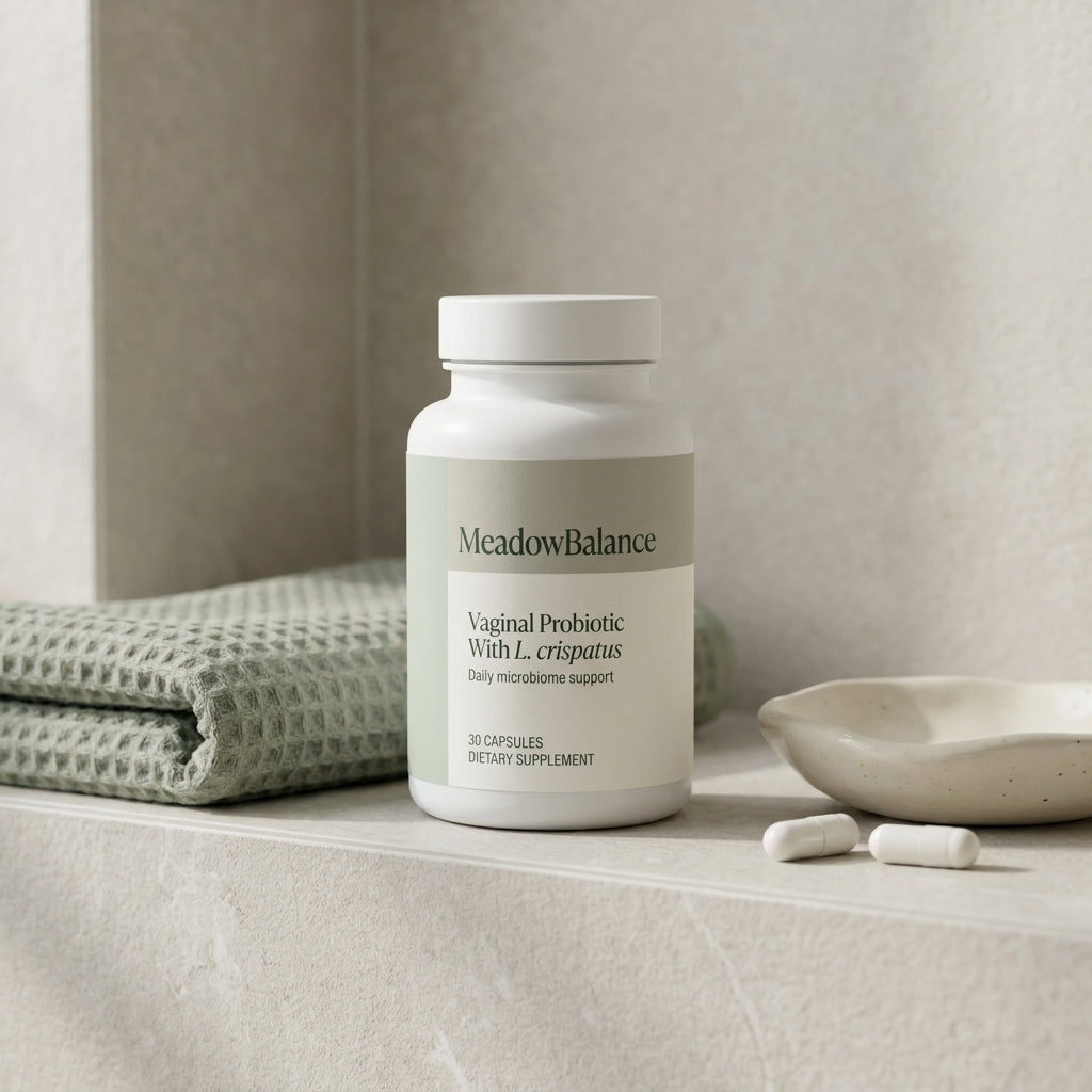 MeadowBalance vaginal probiotic on a clean bathroom shelf
