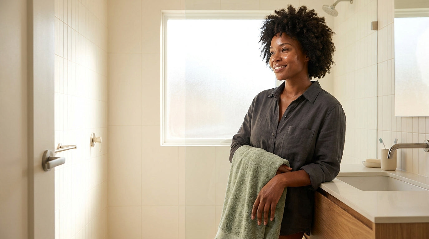 A calm, reassured woman in a bright, clean bathroom